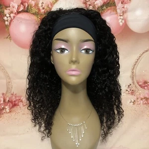 22 Inch Human Hair Wig Kinky Curly Headband Glue-less Glueless 22” Black - Picture 1 of 8