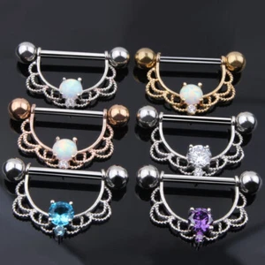 2pc Nipple Bar Ring 316L Surgical Steel Opal Zircon Shield Body Piercing Jewelry - Picture 1 of 13