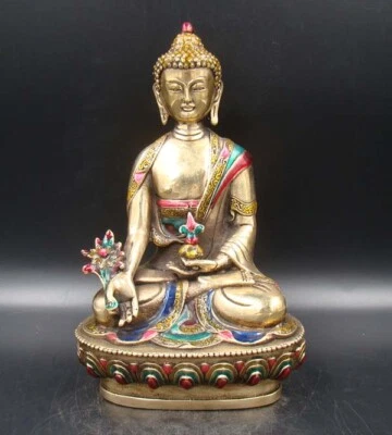 7.8” Old Cloisonne Tibet Brass Handmade Buddha sakyamuni Shakyamuni statue - Image 1 of 4