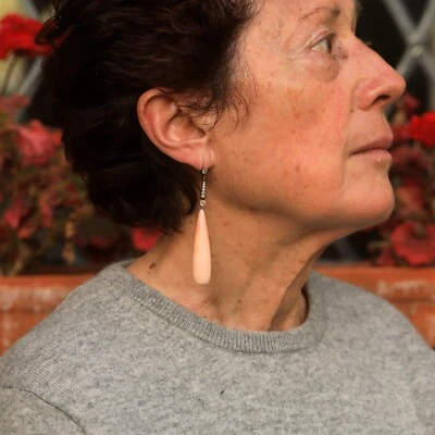 Pendientes Dormilones Art Deco Engastados CZ Gota Larga Coral Rosa Pálido SC2 - Imagen 1 de 4