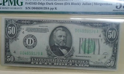 Rare 1934 $50 FRN Cleveland Fr. 2102-D Dark Green PMG 55 EPQ About Uncirculated - Image 1 of 4
