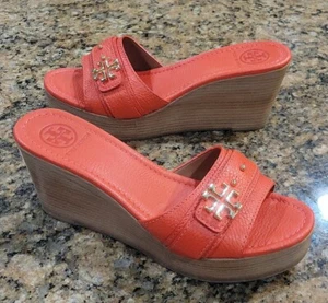 Tory Burch Gold Logo Elina Orange Leather Wedge Slides Sandals Womens Shoes 10 - Picture 1 of 13