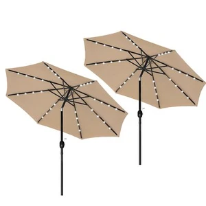 2 Pack 9ft Solar Umbrella 32 LED Lighted Umbrella for Garden Backyard Pool Tan - Picture 1 of 8