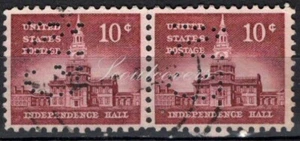 Perfins USA 1954, Sc1044 2x 10c Independence Hall. Used GN - Picture 1 of 3