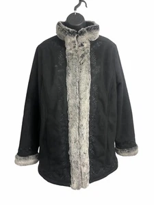 LL BEAN Coat Womens Large Black Faux Fur Collar Cuffs Vegan Hook Eye Winter - Picture 1 of 8