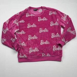 Barbie Pullover Damen groß rosa Plüsch Logo Print Fleecepullover Rundhals kuschelig - Bild 1 von 8