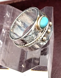 Sterling Silver Turquoise 4x6mm Bezel Dotted Wide Band Ring Size 9 ~ 10.3g - Picture 1 of 4