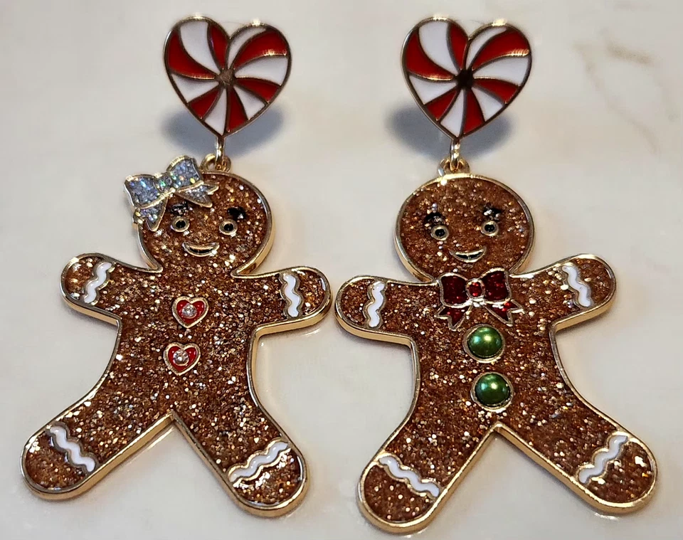 NUEVO Pendientes colgantes bastón caramelo hombre y corazón pan jengibre marrón brillo tono dorado Foto 1 de 3