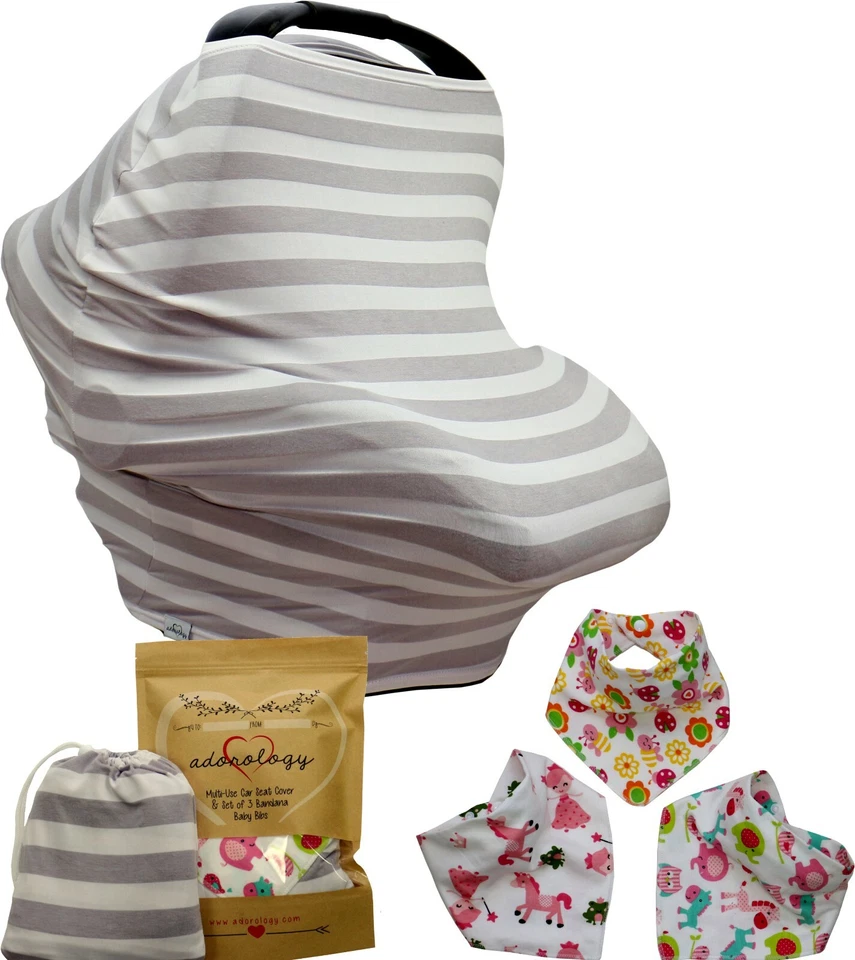 Baby Carseat Canopy Nursing Cart Stroller Cover Gray Striped Drool Bib For Girls - Image 1 of 4