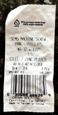 Lote de 9 tornillos de máquina Phillips #6-32x1/2" PanHead con arandelas adjuntas 3 por paquete Foto 1 de 3