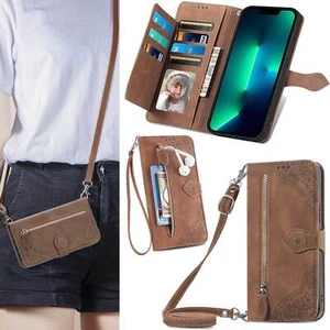 Brown Crossbody Leather Case Magnetic Flip Stand Zip Wallet Strap Lanyard Cover - Picture 1 of 13