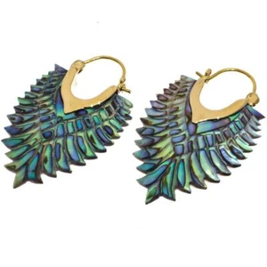 Exquisite Paua Abalone Shell Leaf Hand Carving Brass Earrings, 1 5/8" - Picture 1 of 3