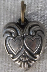 Vintage 1940's Repousse Double Heart Sterling Silver Puffy Heart Charm 3/4" - Picture 1 of 3