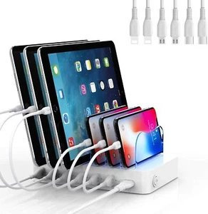 Quick Charge Docking Station 50W/10A 6-Port + 6 mix Charging Cables iPhone iPad - Picture 1 of 5