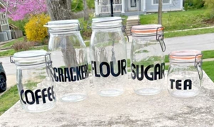 5er Set Vintage 70er Jahre Niveau de Remplissage Glas Küchenkanister Frankreich - Bild 1 von 19