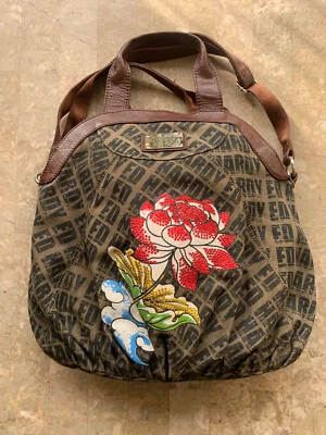 EUC ED HARDY LARGE BAG BROWN CANVAS LEATHER HANDLES/TRIM BAG RED ROSE THEMED - Image 1 of 4