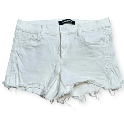 Express Women's White Mid Rise Stretch Raw Hem Distressed Shorts Size 8 - Image 1 of 4