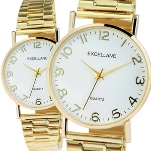 Große Excellanc Zugband Damenuhr Weiß Gold Edelstahl Flex Frauen Quarz