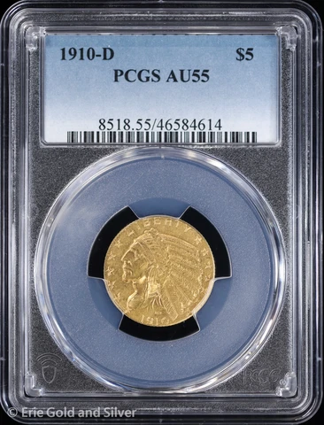1910-D $5 Gold Indian Head Half Eagle PCGS AU 55 Cover