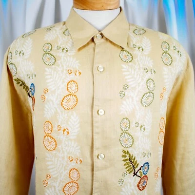 TOMMY BAHAMA Yellow Orange Multicolor Floral Embroider Linen Men Shirt Size XL - Image 1 of 4