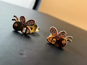 14K Gold Bee Earrings Solid Yellow Gold CZ Stud Hypoallergenic Gift - Picture 1 of 6