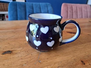 SOCCA Ceramic mug Navy Blue With White hearts Hand Painted - Picture 1 of 4