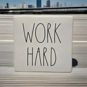 Rae Dunn WORK HARD/BE BRAVE Ceramic Porcelain Double Sided Desk Plaque  - Picture 1 of 6