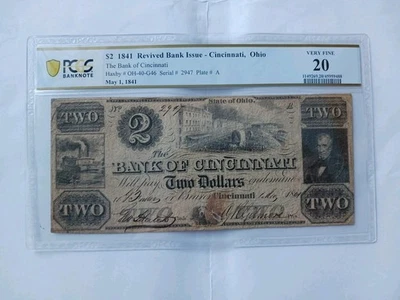 1841 Bank of Cincinnati, Cincinnati, Ohio PCGS VF20. $2 Obsolete Note OH-40-G46  - Image 1 of 3