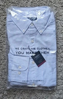 Charles Tyrwhitt Blue Striped Classic Fit Button-Down Washed Oxford Shirt Size M - Image 1 of 4