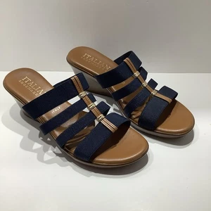 Italian Shoemakers Wedge Sandals Wmns Sz.10M Blue Stretch Elastic Gold Trim, Exc - Picture 1 of 7