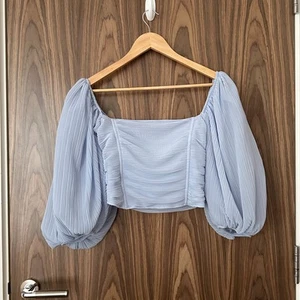 Zara Baby Blue Corset Organza Pleated Puff Sleeve Square Neck Crop Top Large - Picture 1 of 4