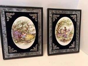 Set Of French Limoges Fragonard Porcelain Tile Wall Plaque Courting Couple Frmed - Picture 1 of 9