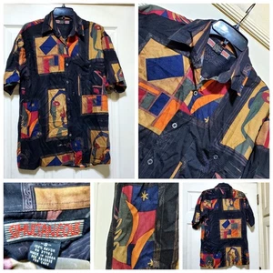 Vintage Simultaneous Shirt Mens Small Black Gold Abstract Art Rayon Button 90s - Picture 1 of 19