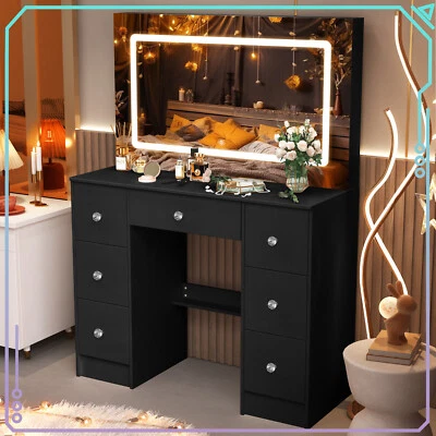 Black Dressing Desk with 7 Drawers and LED Lighted Mirror Vanity Makeup Table Foto 1 de 4