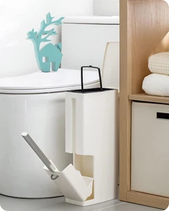 2 Liter White Slim Bathroom Trash Can with Lid and Toilet Brush Holder - Picture 1 of 6