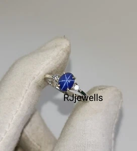Vintage Blue Star Sapphire Ring For Women's Lab Create Star Ring Birthday Gift - Picture 1 of 7