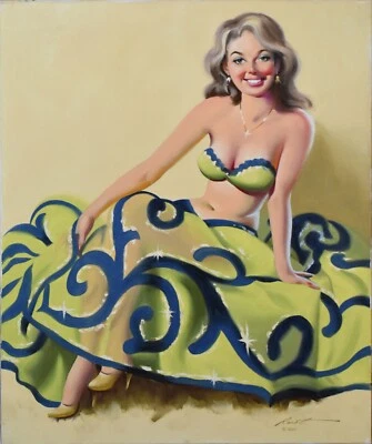 DONALD RUST-Illustrator-Original Signed Oil-PIN-UP GLAMOUR GIRL-Green Dress - Image 1 of 4