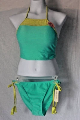 NEW Women 2 piece Swimsuit Size M Light Green High Neck Halter Top String Bikini - Imagem 1 de 2