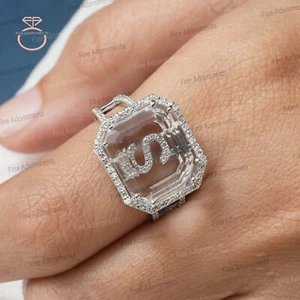 Solid 14k White Gold S Initial Crystal Stone Ring Genuine Diamond S Letter Ring - Picture 1 of 12