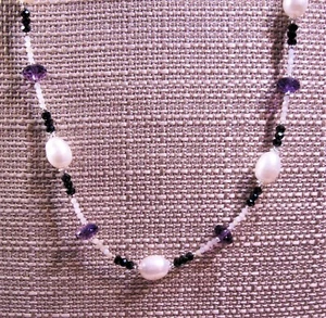 Stunning 22" Sterling Silver Amethyst Moonstone Pearl & Spinel Necklace F72 - Picture 1 of 5