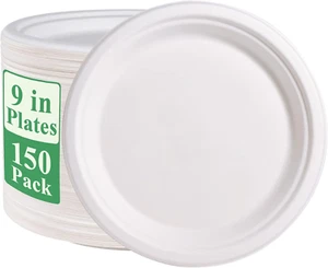 150 Pack Paper Plates 9 Inch 100% Compostable Plates Heavy-Duty Disposable Paper - Picture 1 of 12