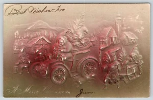 Christmas~Santa Drives Auto~Gnomes Push Sled~Carry Torch~Airbrushed Emboss~1905 - Picture 1 of 2