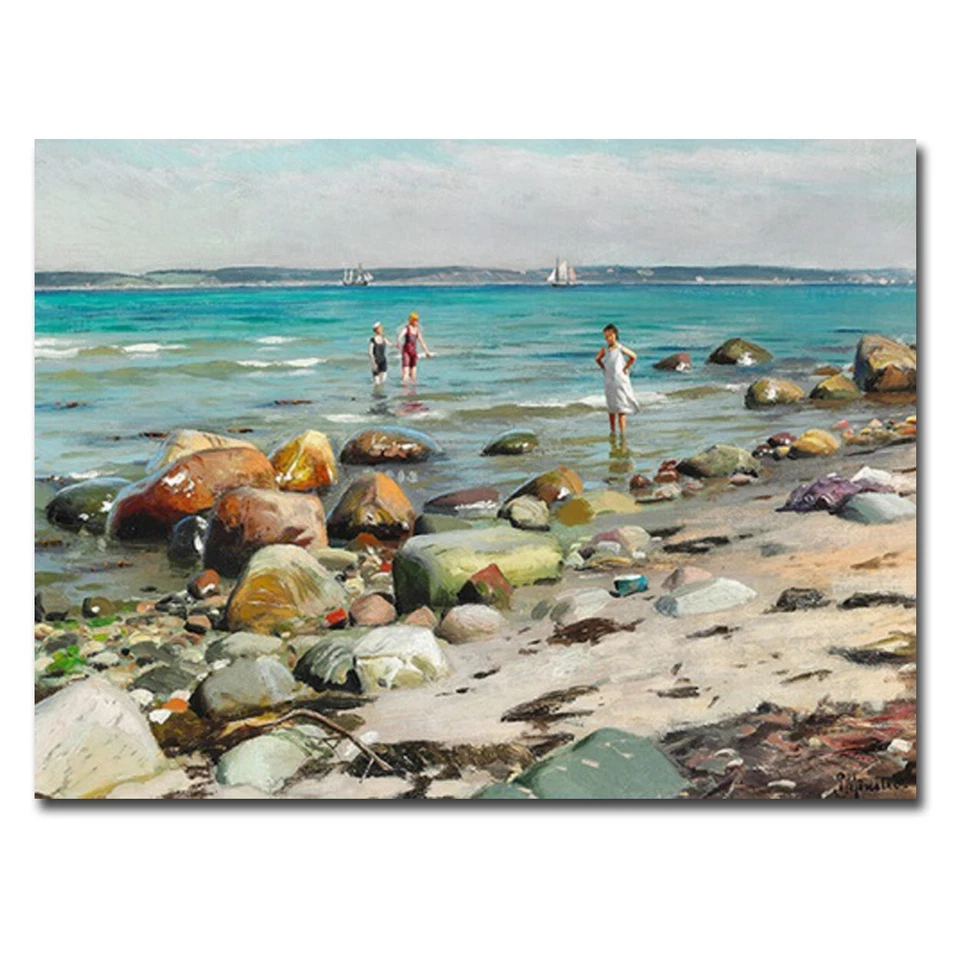 Arte giclee en lienzo envuelto en galería de playa para mujeres jóvenes bañándose en la playa (24 x 32 pulgadas) Foto 1 de 1