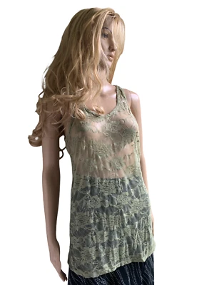Bongo Junior Top Tank Color Olive Size S Lace Stretch 95% nylon Made in USA - Image 1 of 4