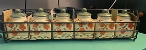 Vintage Set of 6 Style Eyes by Baum Bros Floral Spice Jars & Rack  - Picture 1 of 18