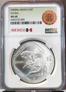 2000 MEXICO SILVER 5 PESOS S5P NUTRIA NGC MS 68 RARE GEM BU BEAUTIFUL COIN - Picture 1 of 3