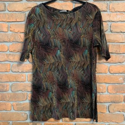 Blusa para mujer Connected Apparel talla 14 abstracta con estampado de plumas arrugadas de colección Foto 1 de 4