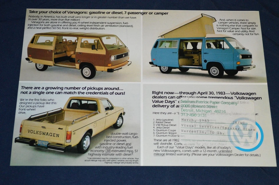 VW Vanagon 1983/cámper/pickup anuncio original concesionario 83 Volkswagen Foto 1 de 1