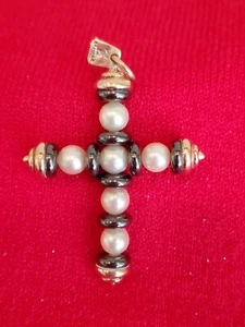 Vintage signierter 14K Gold Perle Hämatit Kreuz Anhänger - Bild 1 von 12
