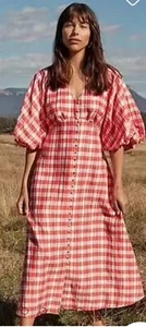 Country Road watermelon red check gingham balloon sleeve midi dress size 12 - Picture 1 of 7